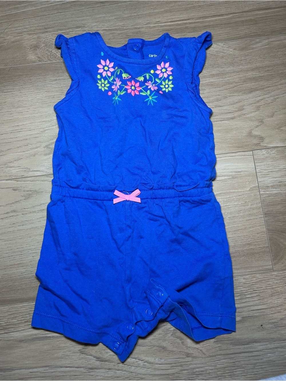 Carter's Bright Blue Floral Embroidered Girls Romper with Pink Bow